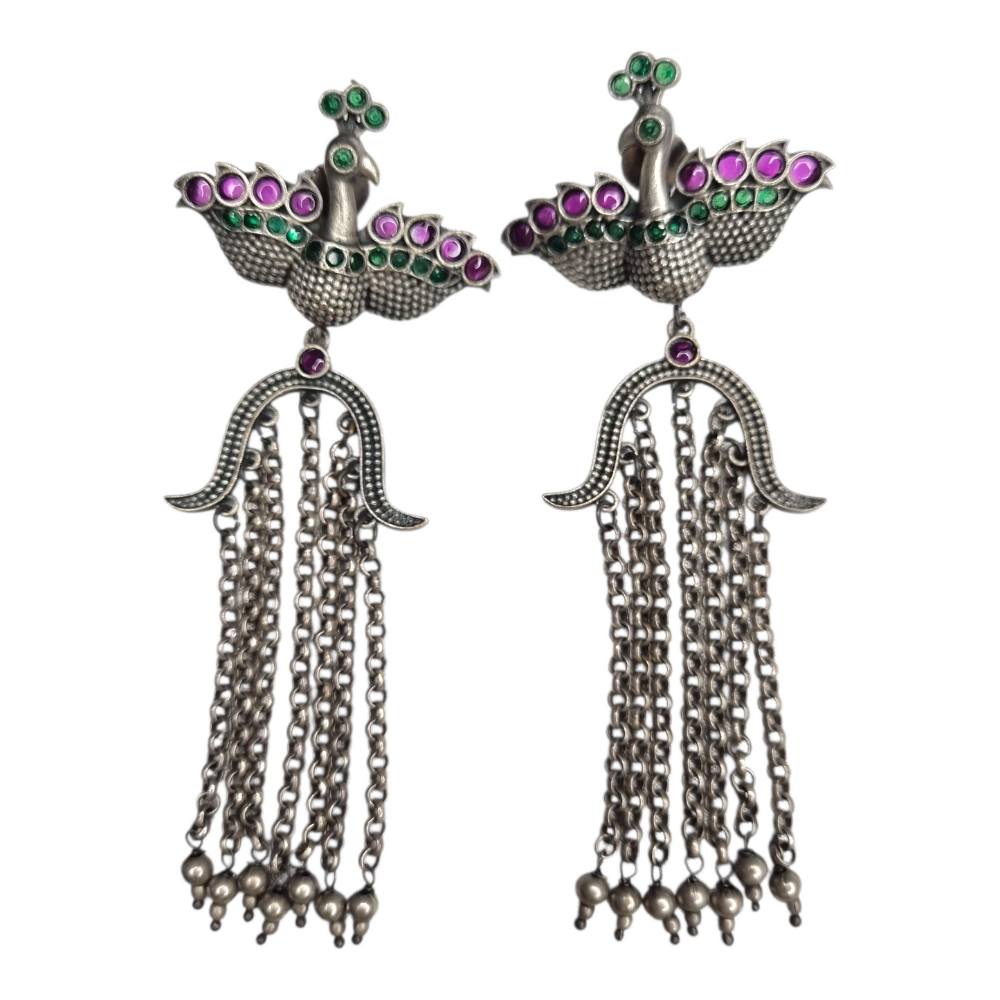 Oxidized Silver Peacock Jhumka Earrings with Green & Purple Stones – Traditional Indian Ethnic Dangle Jewelry for Women