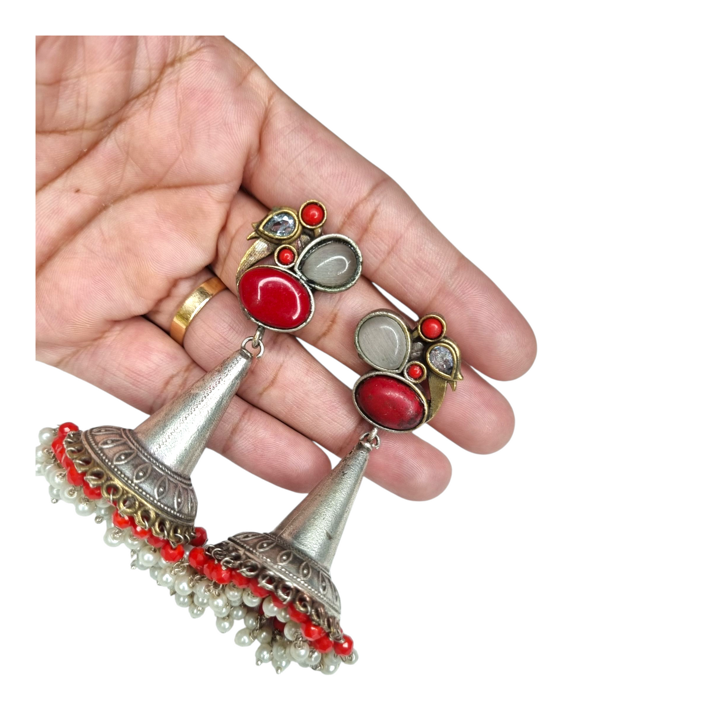 Red & White Beaded Oxidized Cone Jhumka Earrings
