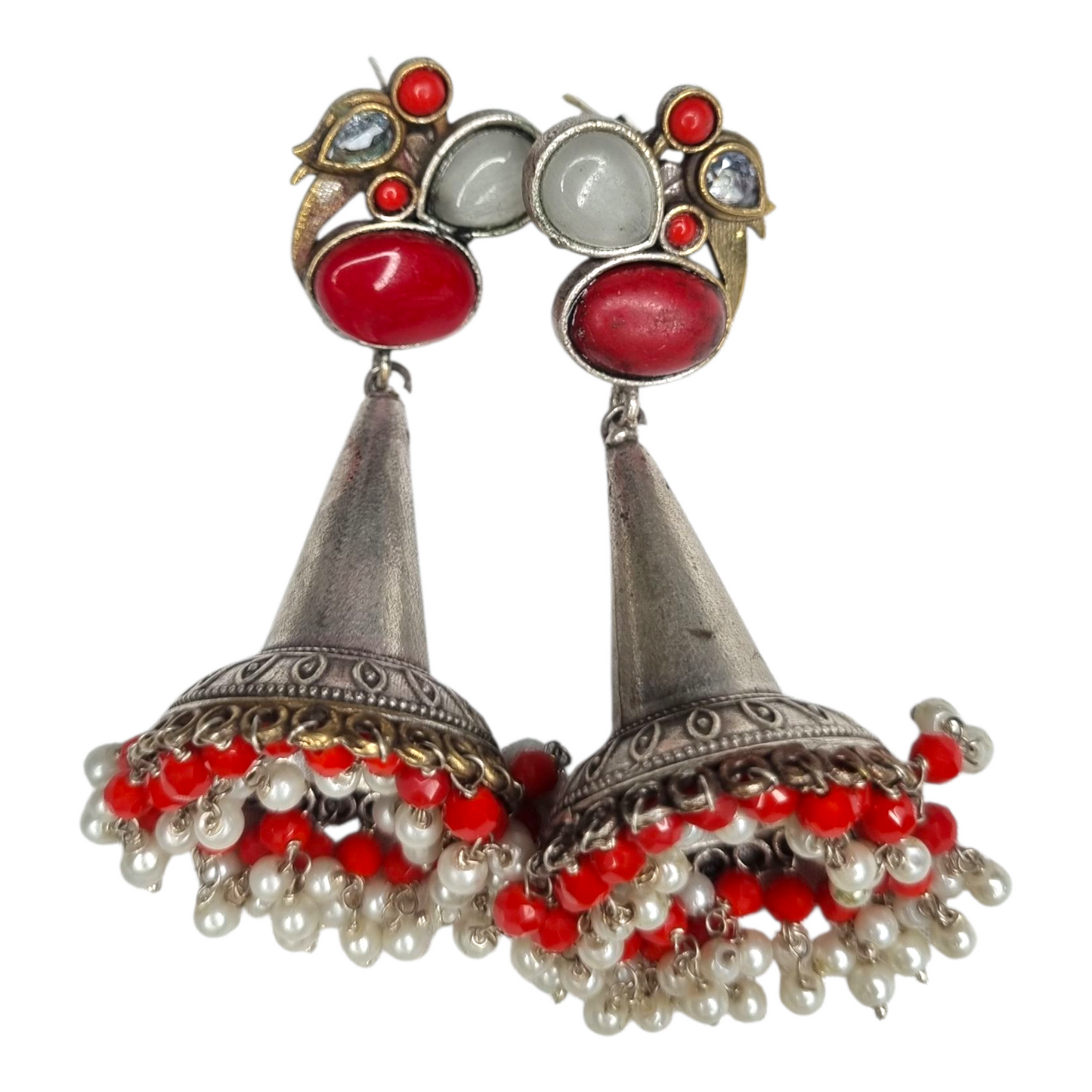 Red & White Beaded Oxidized Cone Jhumka Earrings