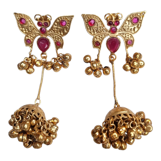 Traditional Gold-Tone Butterfly Jhumka Earrings with Pink Stones & Ghungroo Drops