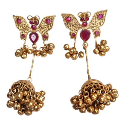 Traditional Gold-Tone Butterfly Jhumka Earrings with Pink Stones & Ghungroo Drops