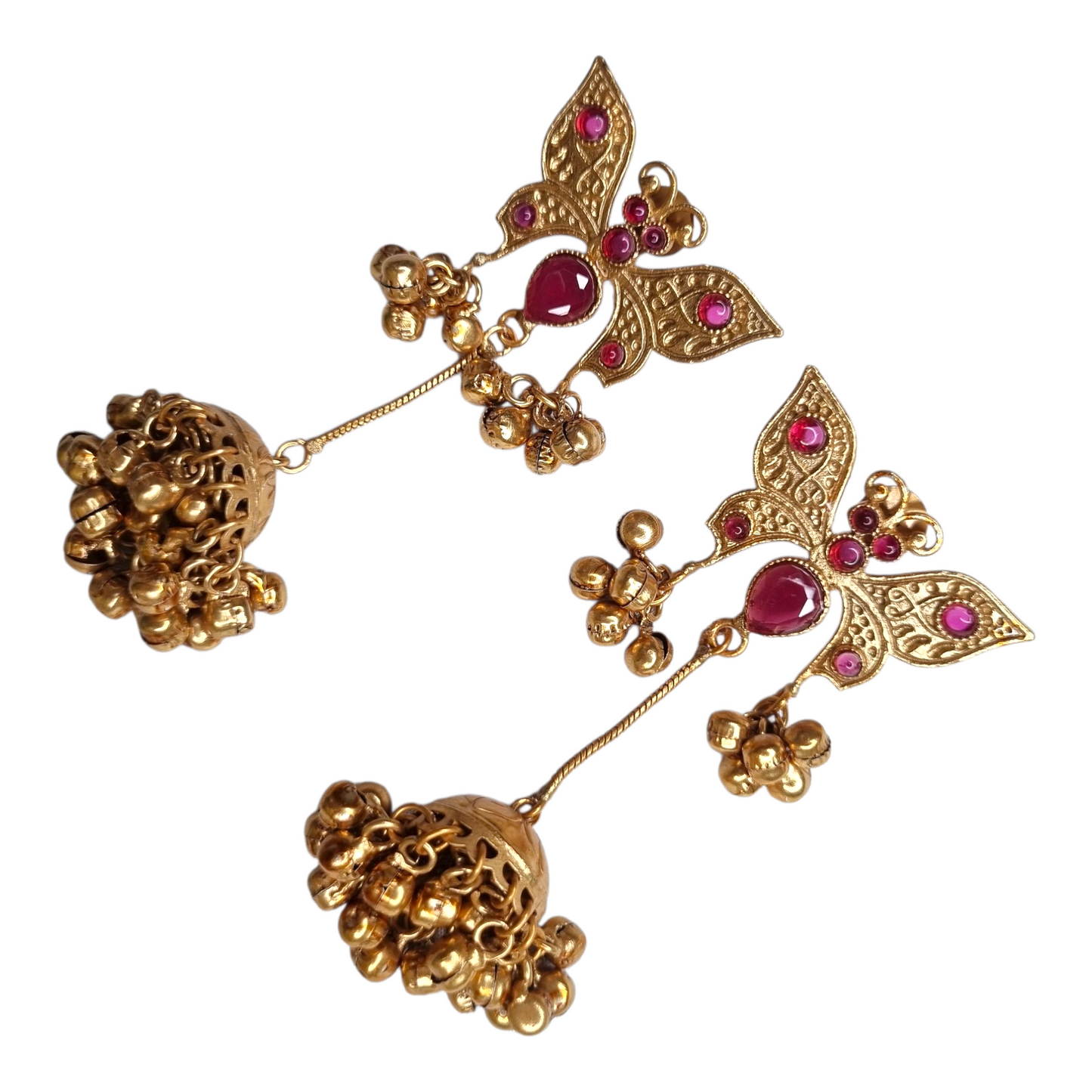 Traditional Gold-Tone Butterfly Jhumka Earrings with Pink Stones & Ghungroo Drops