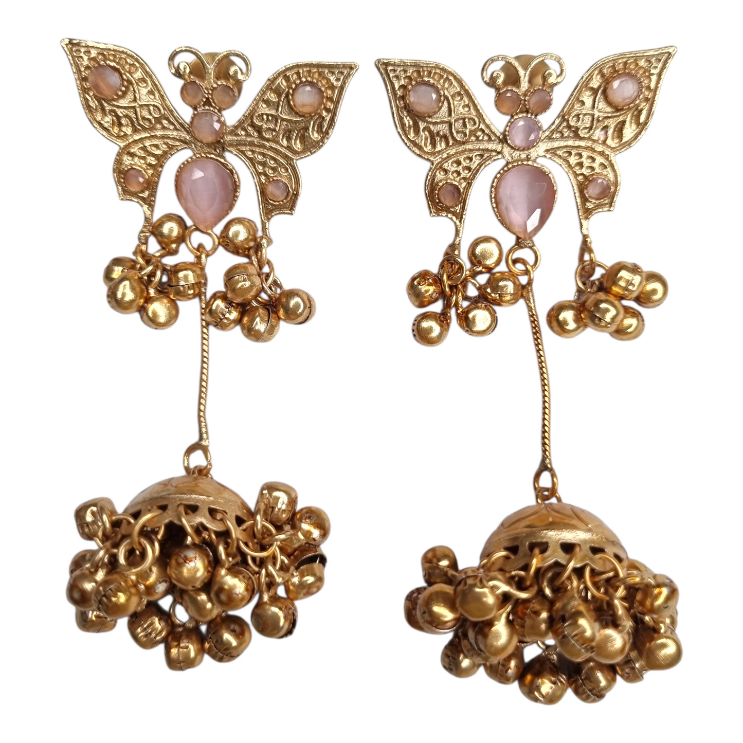 Traditional Gold-Tone Butterfly Jhumka Earrings with Light Pink Stones & Ghungroo Drops