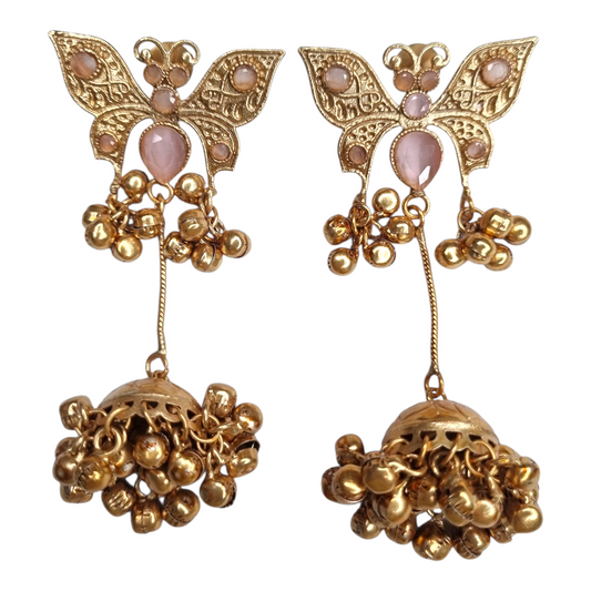 Traditional Gold-Tone Butterfly Jhumka Earrings with Light Pink Stones & Ghungroo Drops