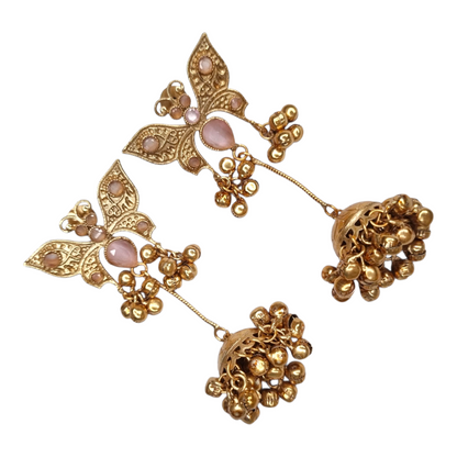 Traditional Gold-Tone Butterfly Jhumka Earrings with Light Pink Stones & Ghungroo Drops