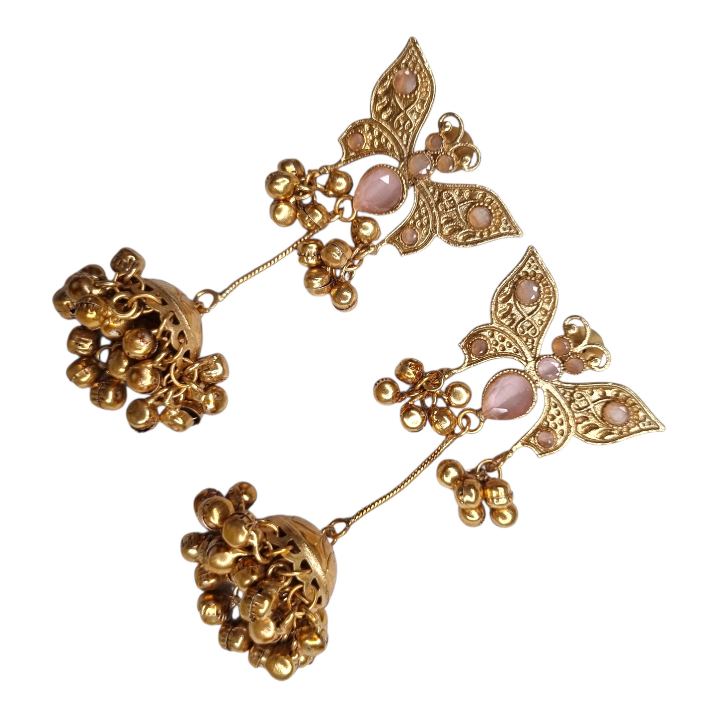Traditional Gold-Tone Butterfly Jhumka Earrings with Light Pink Stones & Ghungroo Drops