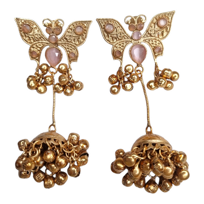 Traditional Gold-Tone Butterfly Jhumka Earrings with Light Pink Stones & Ghungroo Drops