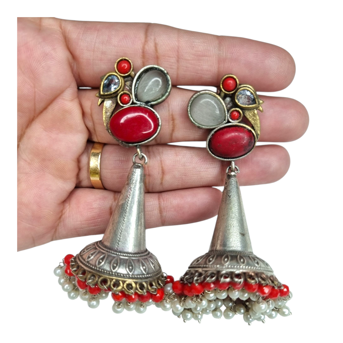 Red & White Beaded Oxidized Cone Jhumka Earrings