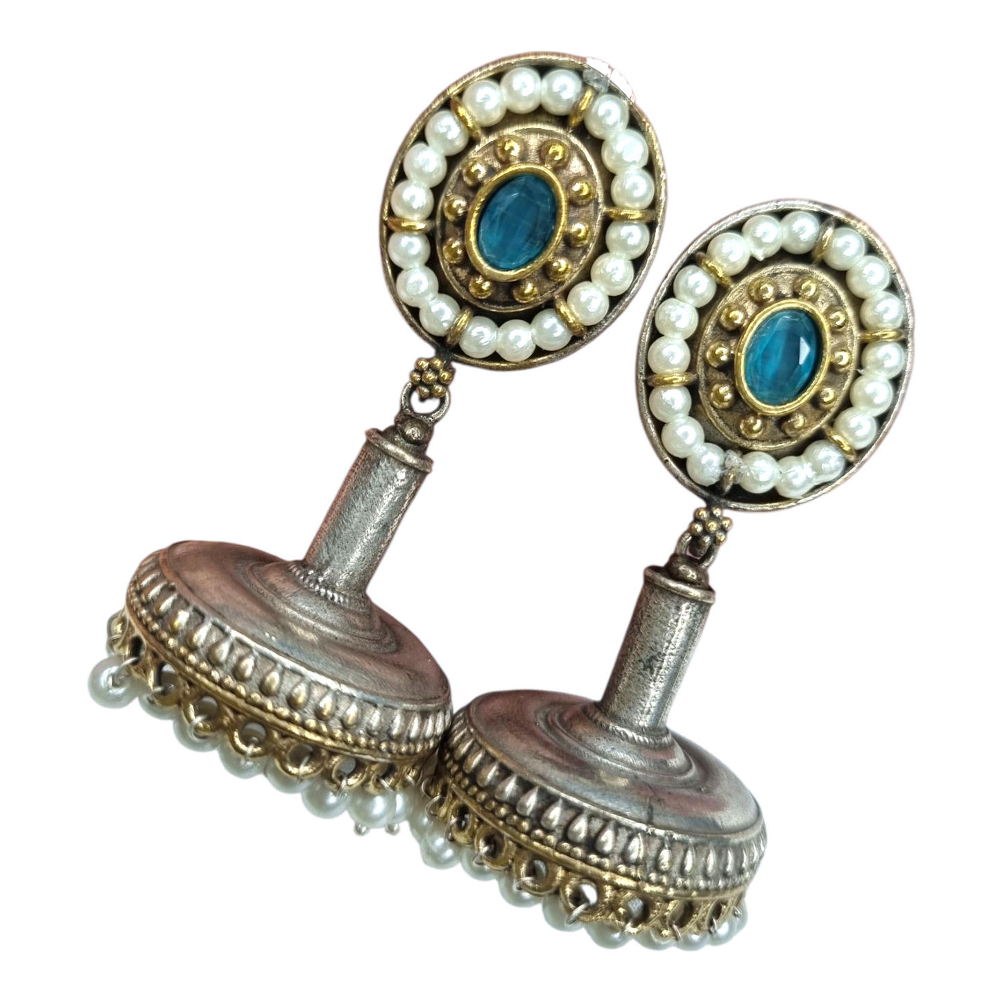 Oxidized Brass Jhumka Earrings with Blue Stone & Pearl Detailing