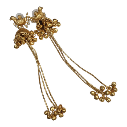 Traditional Kashmiri Dejhoor Gold-Toned Brass Chain Earrings with Pearl Accents