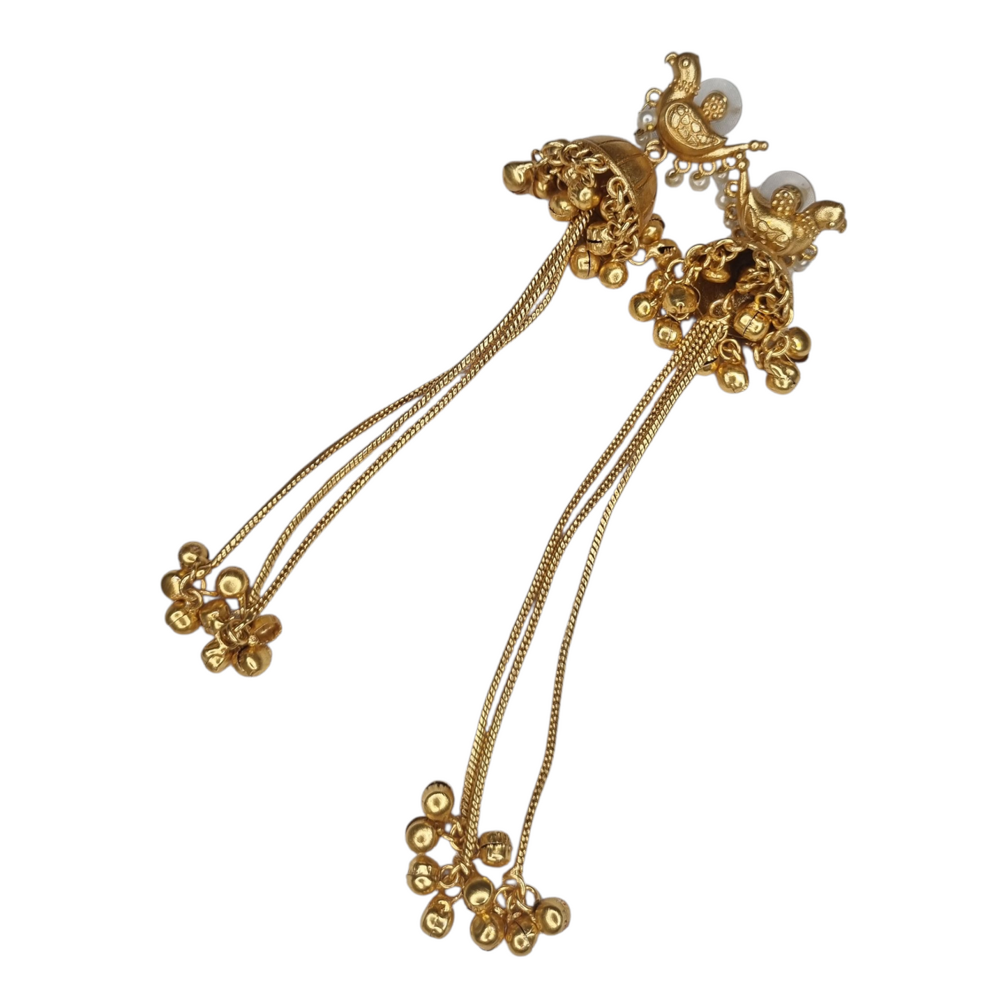 Traditional Kashmiri Dejhoor Gold-Toned Brass Chain Earrings with Pearl Accents