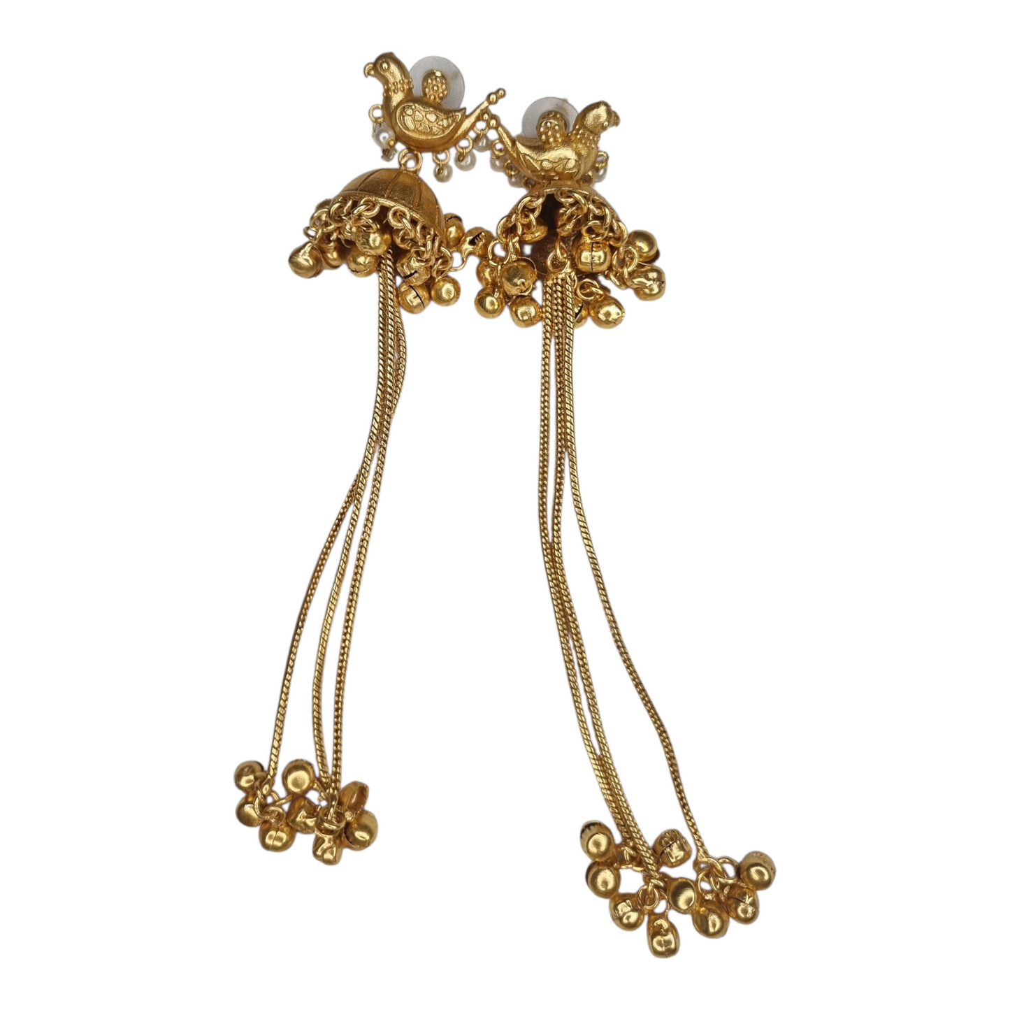 Traditional Kashmiri Dejhoor Gold-Toned Brass Chain Earrings with Pearl Accents