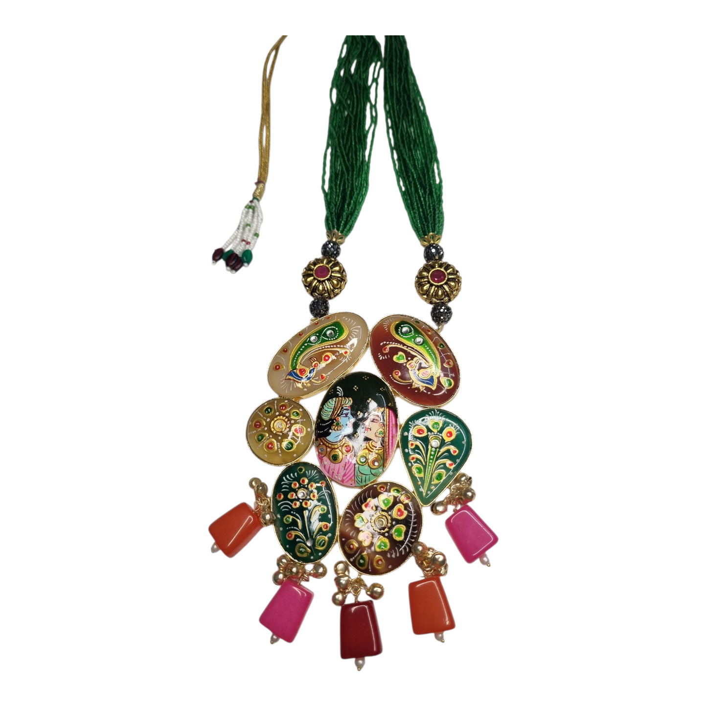 Hand-Painted Lord Krishna Pendant Necklace with Pearl & Crystal Earrings - Traditional Indian Ethnic Jewelry Set for Women