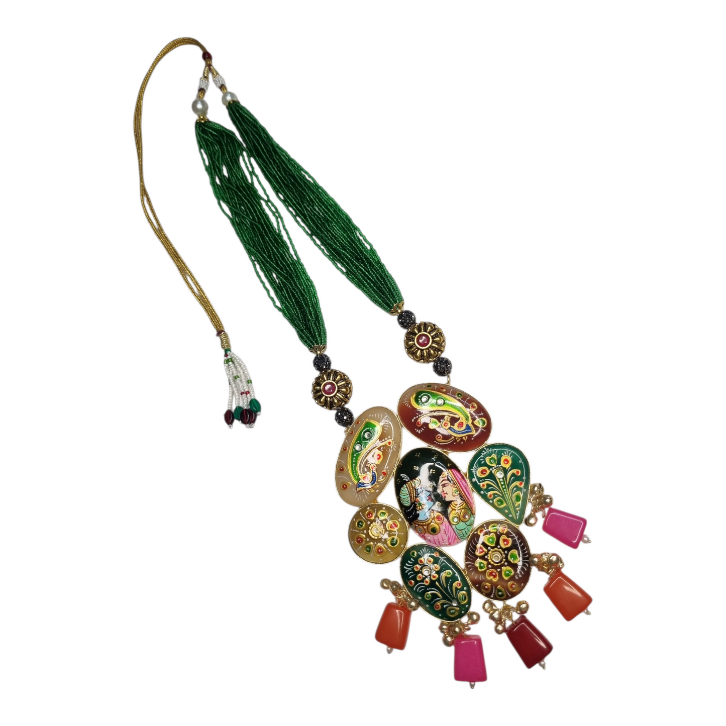 Hand-Painted Lord Krishna Pendant Necklace with Pearl & Crystal Earrings - Traditional Indian Ethnic Jewelry Set for Women