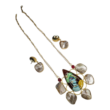 Hand-Painted Krishna Pendant Necklace with Pearl Earrings