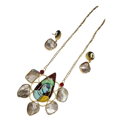 Hand-Painted Krishna Pendant Necklace with Pearl Earrings