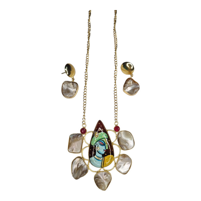 Hand-Painted Krishna Pendant Necklace with Pearl Earrings