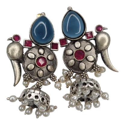 Oxidized Peacock Jhumka Earrings Blue Stone Ruby Pearls Indian Jewelry