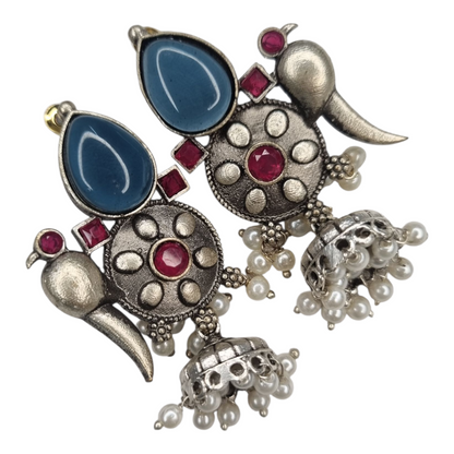 Oxidized Peacock Jhumka Earrings Blue Stone Ruby Pearls Indian Jewelry