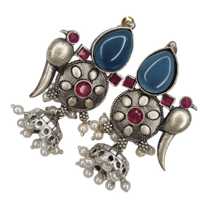 Oxidized Peacock Jhumka Earrings Blue Stone Ruby Pearls Indian Jewelry