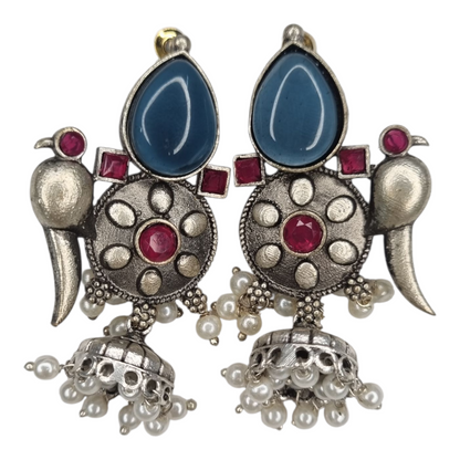 Oxidized Peacock Jhumka Earrings Blue Stone Ruby Pearls Indian Jewelry