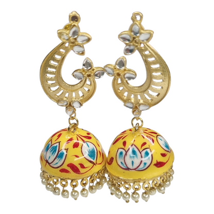 Yellow Meenakari Jhumka Earrings with Lotus & Blue Floral Desig