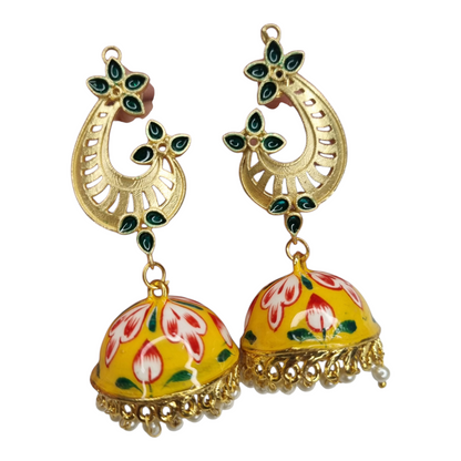 Yellow Meenakari Jhumka Earrings with Lotus & Blue Floral Desig
