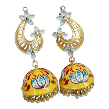 Yellow Meenakari Jhumka Earrings with Lotus & Blue Floral Desig