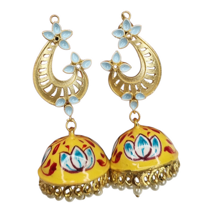 Yellow Meenakari Jhumka Earrings with Lotus & Blue Floral Desig
