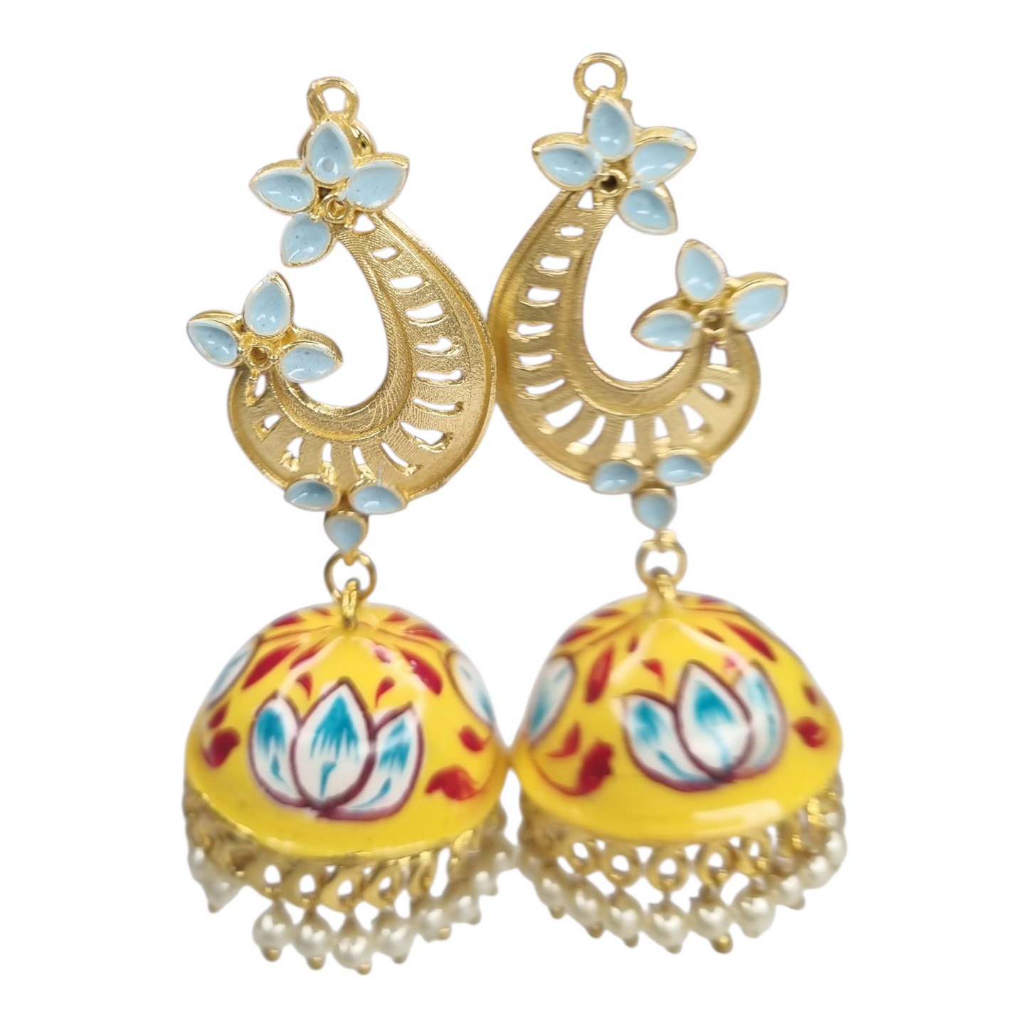 Yellow Meenakari Jhumka Earrings with Lotus & Blue Floral Desig