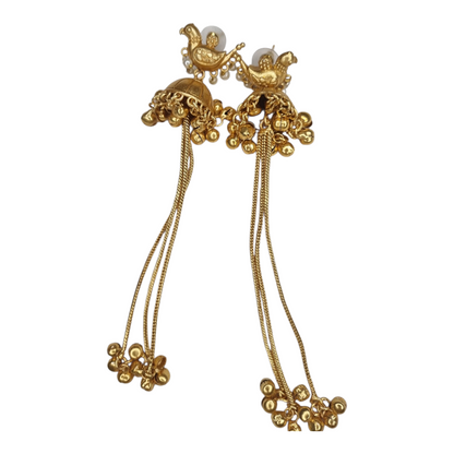 Traditional Kashmiri Dejhoor Gold-Toned Brass Chain Earrings with Pearl Accents