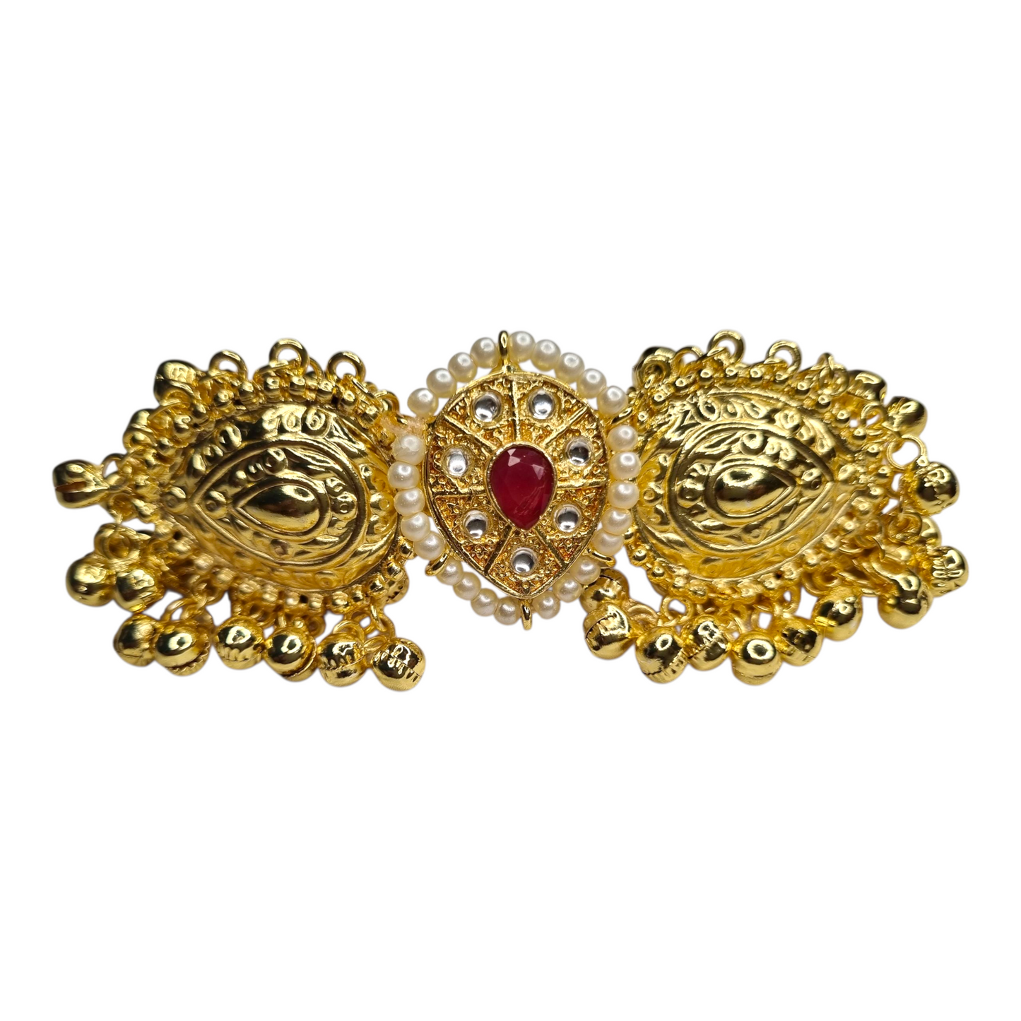 Traditional Gold-Plated Brass Adjustable Ring with Red Stone & Pearl Detailing – Ethnic Indian Jewelry
