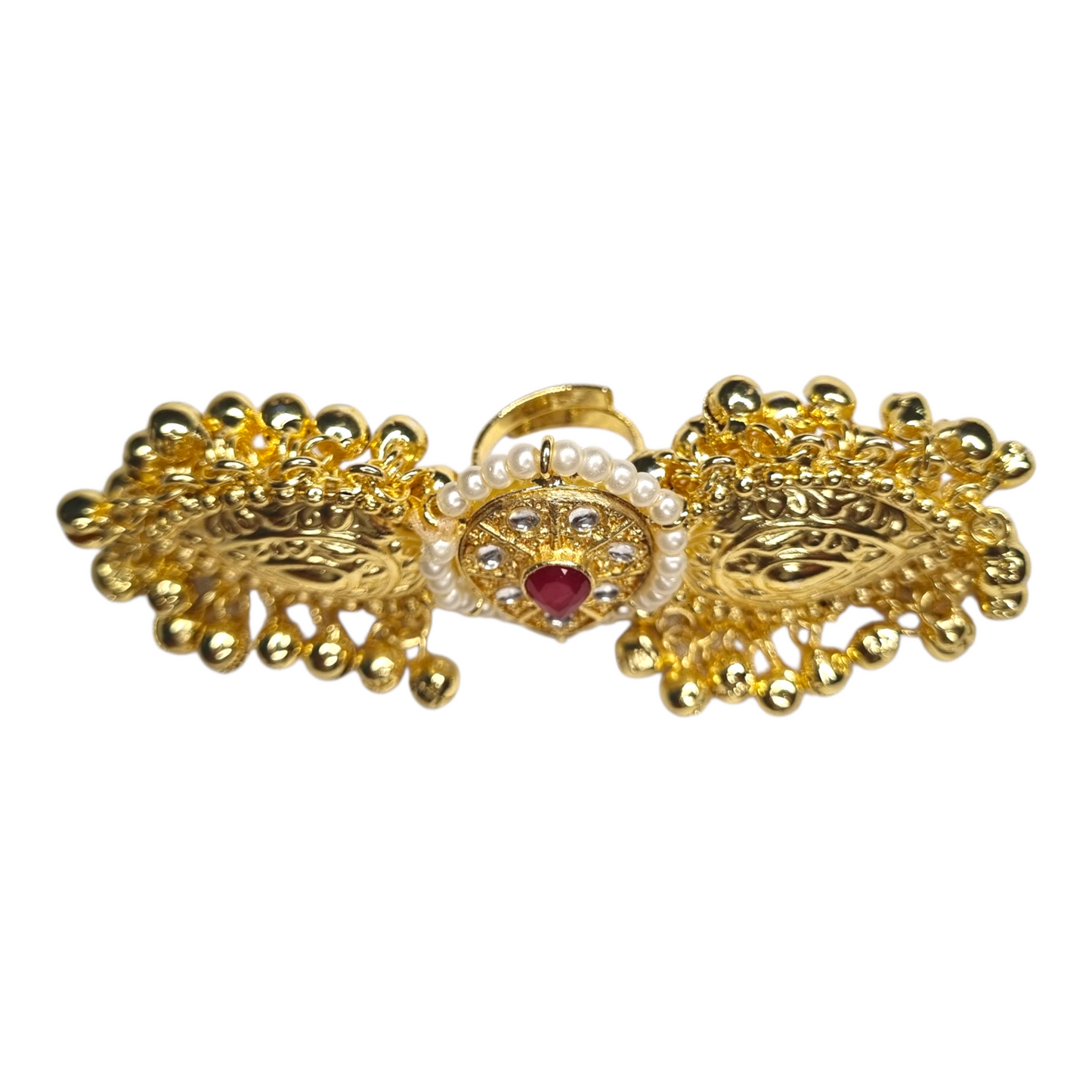 Traditional Gold-Plated Brass Adjustable Ring with Red Stone & Pearl Detailing – Ethnic Indian Jewelry