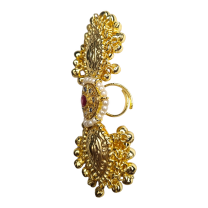 Traditional Gold-Plated Brass Adjustable Ring with Red Stone & Pearl Detailing – Ethnic Indian Jewelry