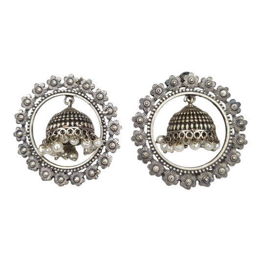 Traditional Oxidized Silver Floral Jhumka Earrings with Pearl Beads, Round Frame Design