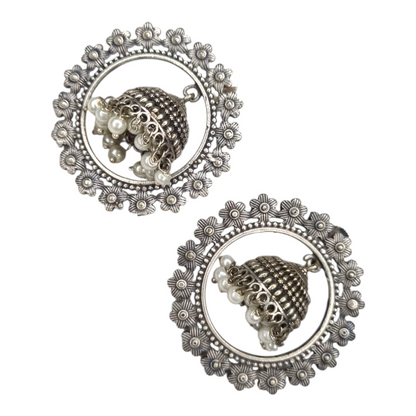 Traditional Oxidized Silver Floral Jhumka Earrings with Pearl Beads, Round Frame Design