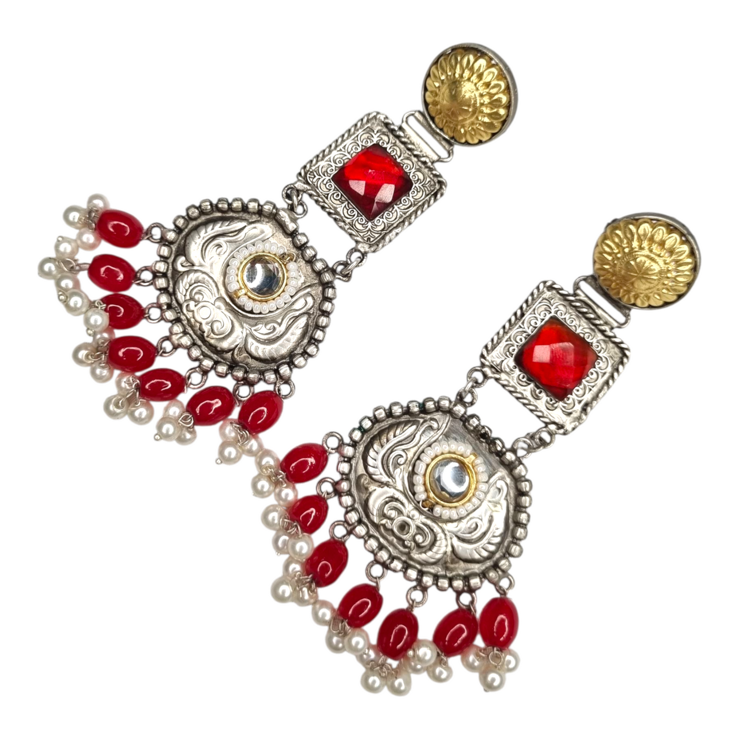Traditional Kundan Pearl Dangle Earrings, Silver-Gold Tone, Red Beads, Antique Brass Design