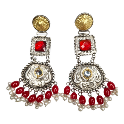 Traditional Kundan Pearl Dangle Earrings, Silver-Gold Tone, Red Beads, Antique Brass Design