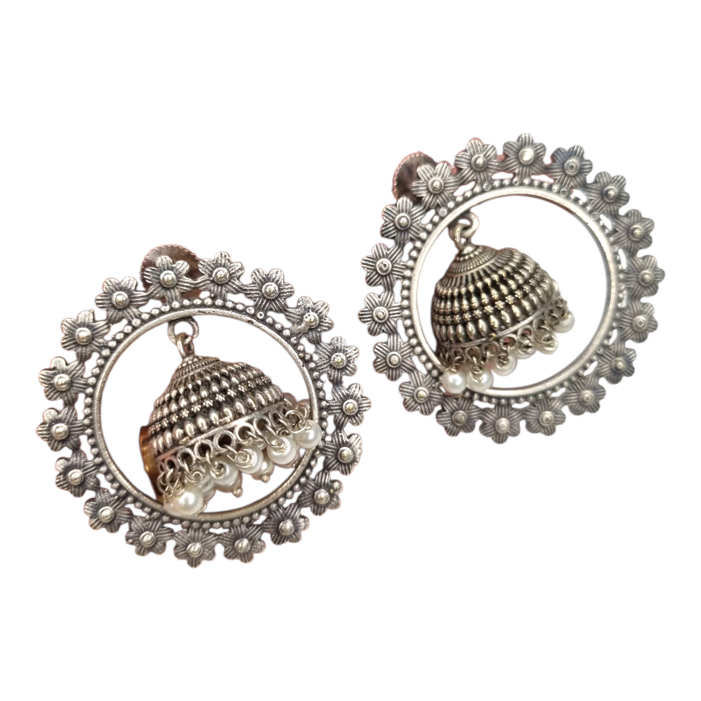 Traditional Oxidized Silver Floral Jhumka Earrings with Pearl Beads, Round Frame Design