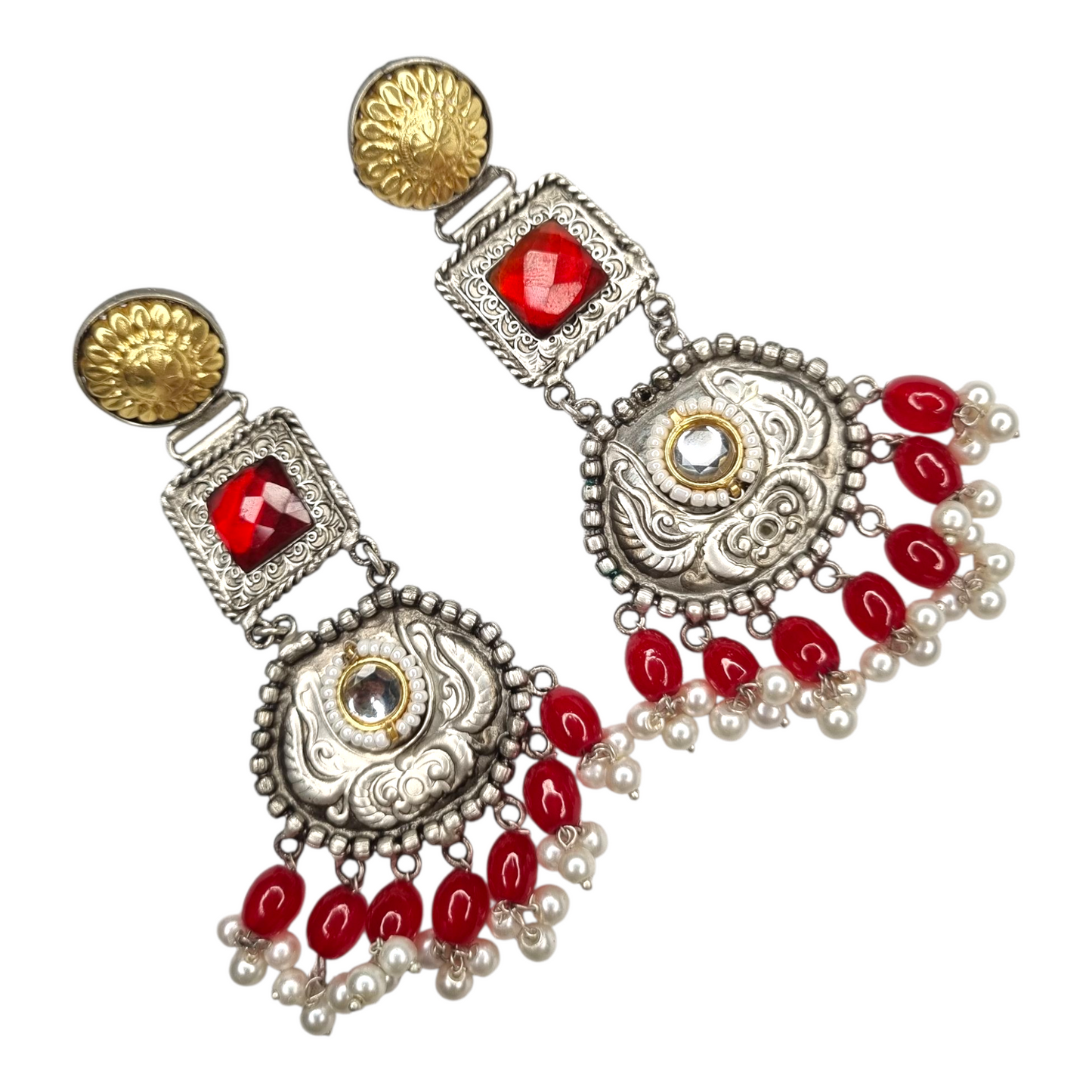 Traditional Kundan Pearl Dangle Earrings, Silver-Gold Tone, Red Beads, Antique Brass Design