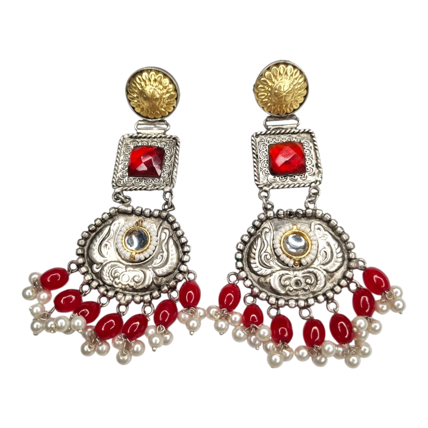 Traditional Kundan Pearl Dangle Earrings, Silver-Gold Tone, Red Beads, Antique Brass Design