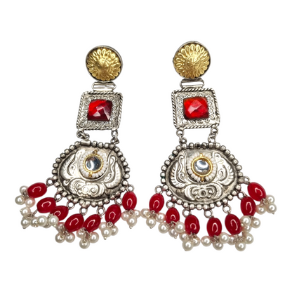 Traditional Kundan Pearl Dangle Earrings, Silver-Gold Tone, Red Beads, Antique Brass Design