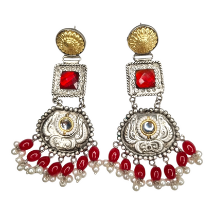 Traditional Kundan Pearl Dangle Earrings, Silver-Gold Tone, Red Beads, Antique Brass Design