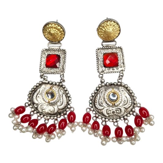 Traditional Kundan Pearl Dangle Earrings, Silver-Gold Tone, Red Beads, Antique Brass Design