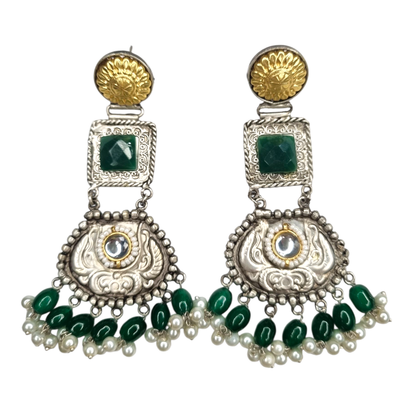 Traditional Kundan Pearl Dangle Earrings, Silver-Gold Tone, Red Beads, Antique Brass Design