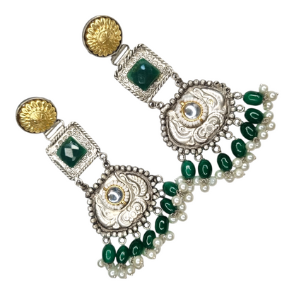 Traditional Kundan Pearl Dangle Earrings, Silver-Gold Tone, Red Beads, Antique Brass Design