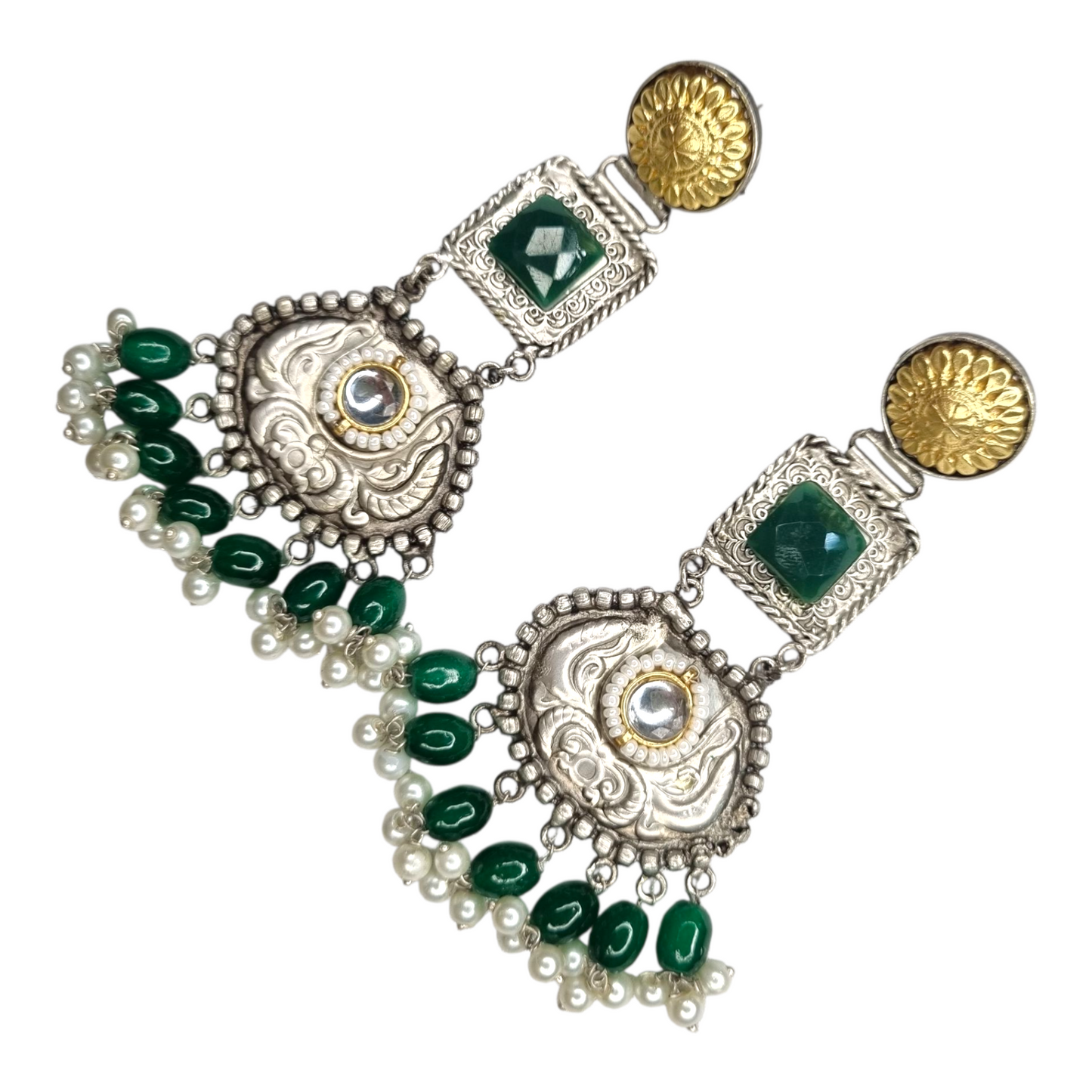 Traditional Kundan Pearl Dangle Earrings, Silver-Gold Tone, Red Beads, Antique Brass Design