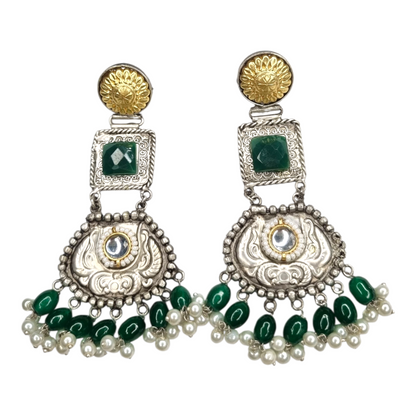 Traditional Kundan Pearl Dangle Earrings, Silver-Gold Tone, Red Beads, Antique Brass Design