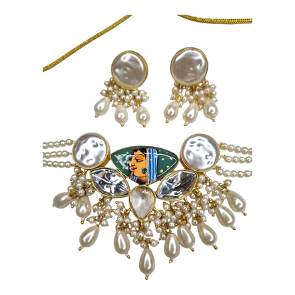 Traditional Brass Pearl & Kundan Necklace Set with Hand-Painted Pendant – Women’s Indian Jewelry