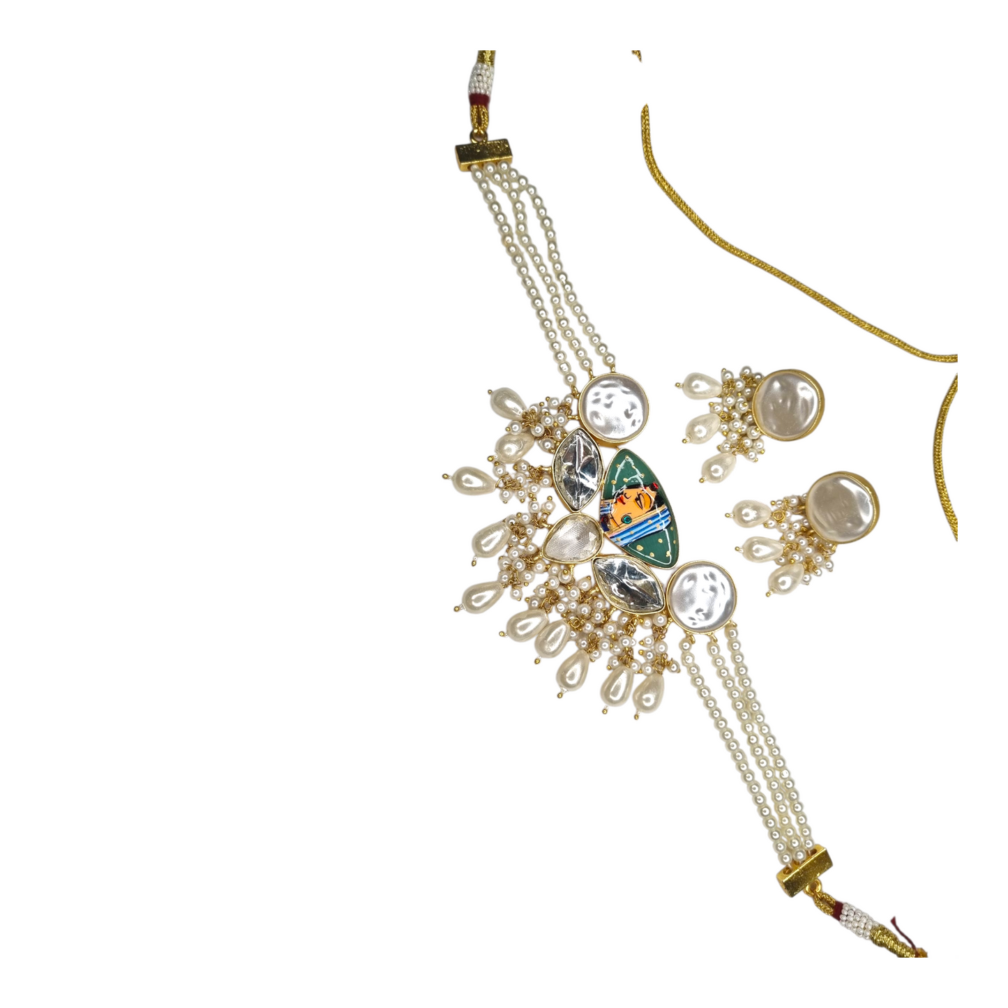 Traditional Brass Pearl & Kundan Necklace Set with Hand-Painted Pendant – Women’s Indian Jewelry